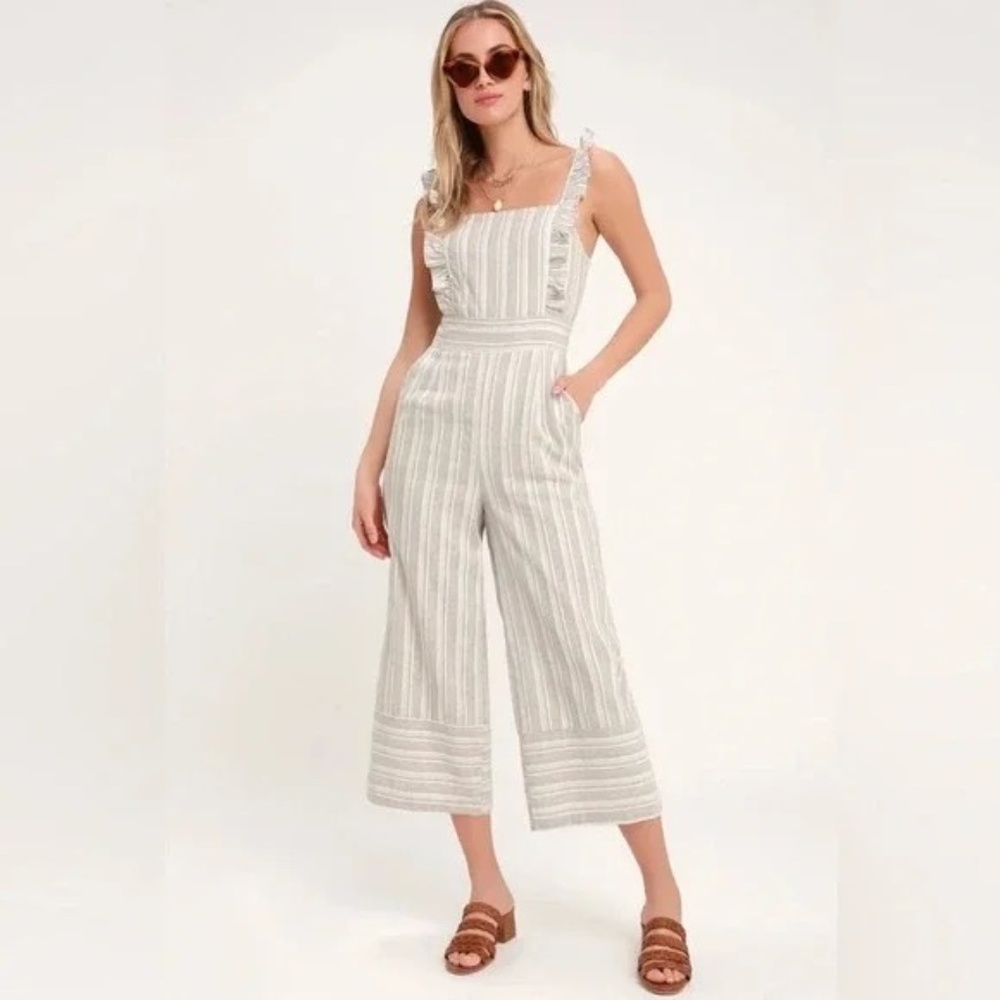 Lulus Striped White and Beige Emilia Rae Linen Blend Jumpsuit with Ruffle Detail